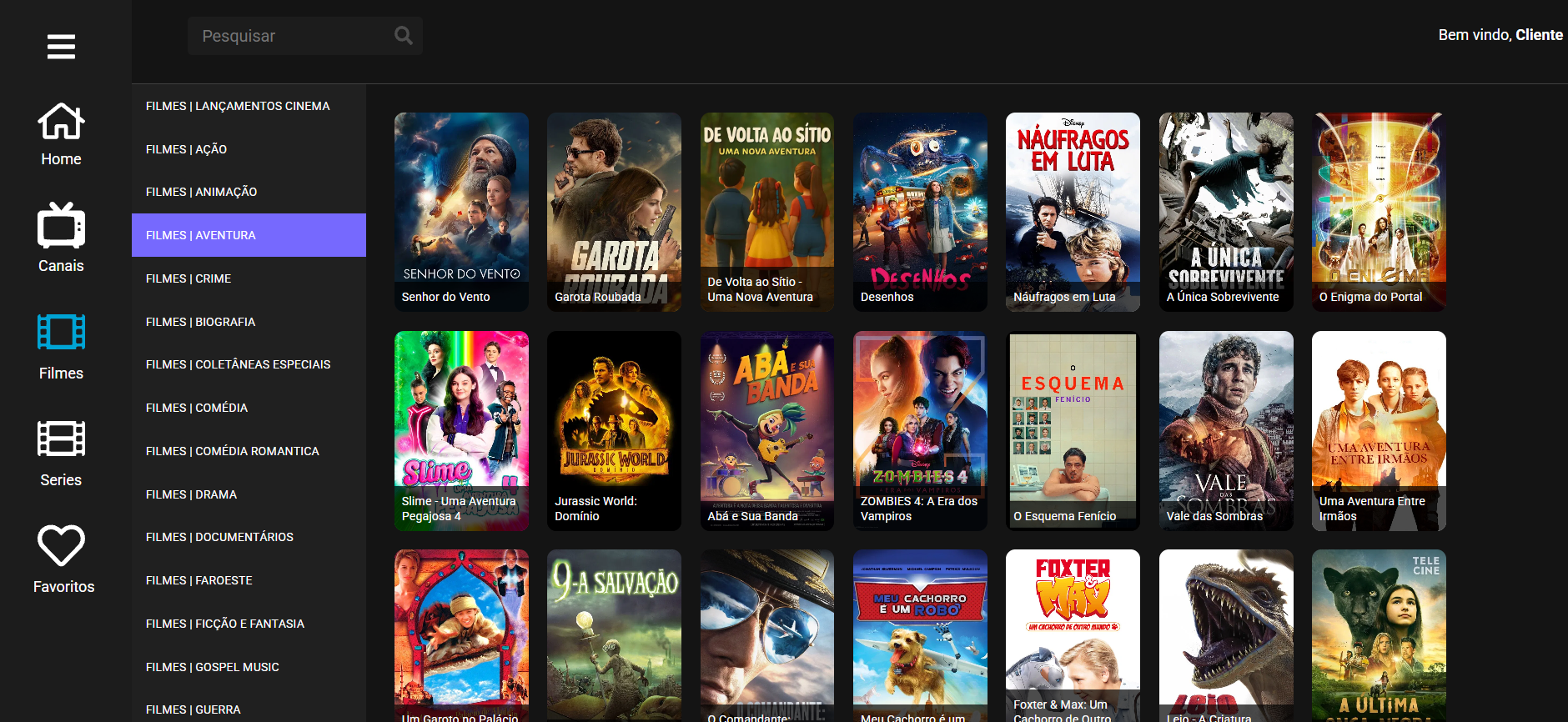 Captura da categoria de filmes de aventura na plataforma