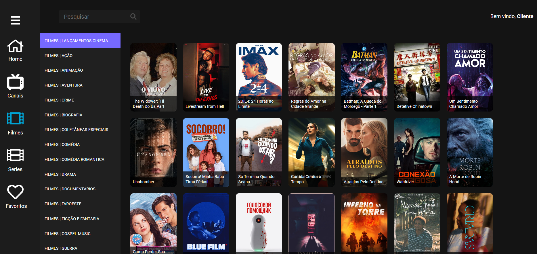 Captura da seção de lançamentos de filmes na plataforma