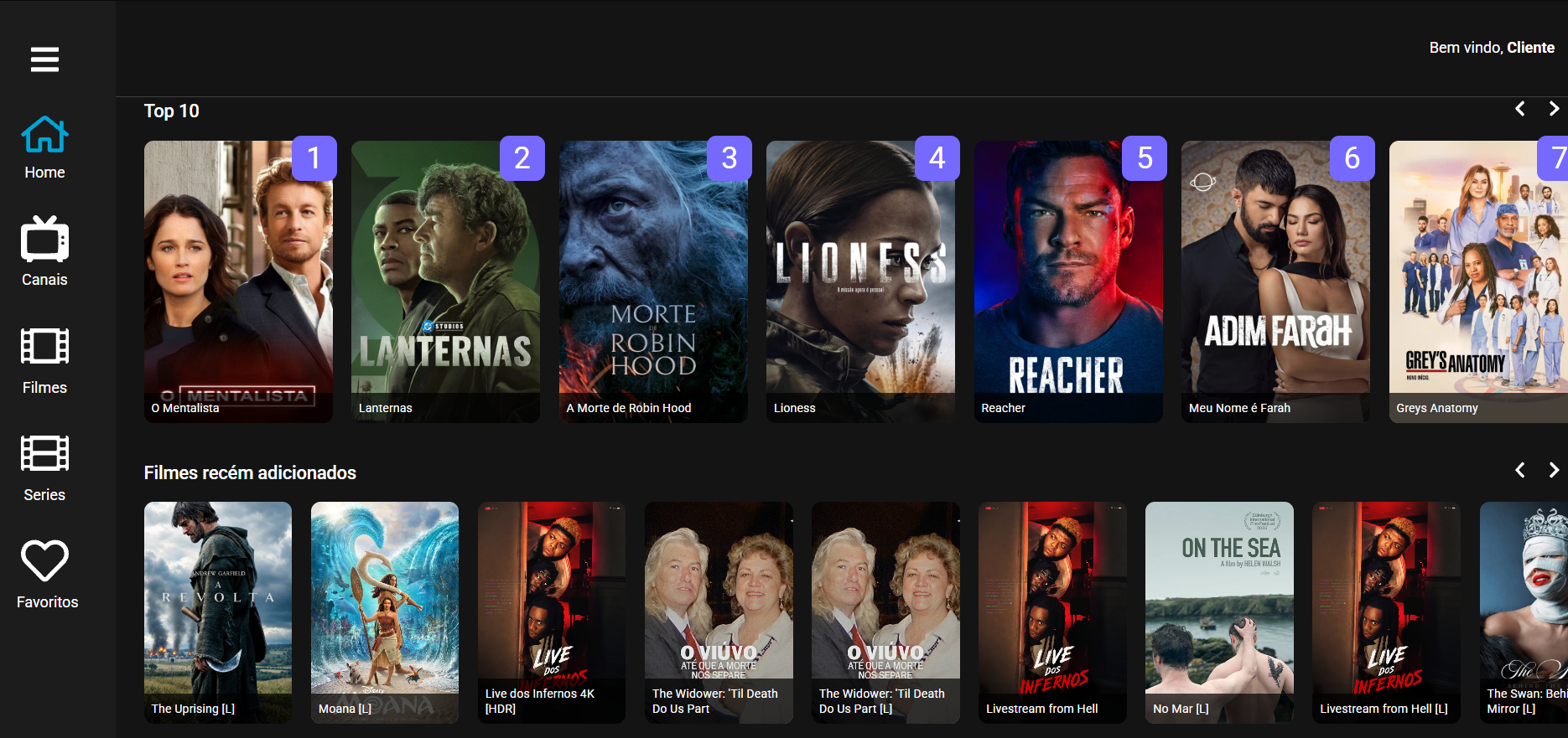 Captura da plataforma Cine que Resolve mostrando Top 10 e filmes recém-adicionados